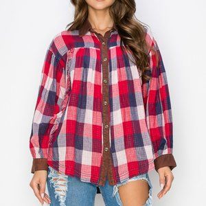 WASHED BALLOON SLEEVES PLAID SHIRTS - RED